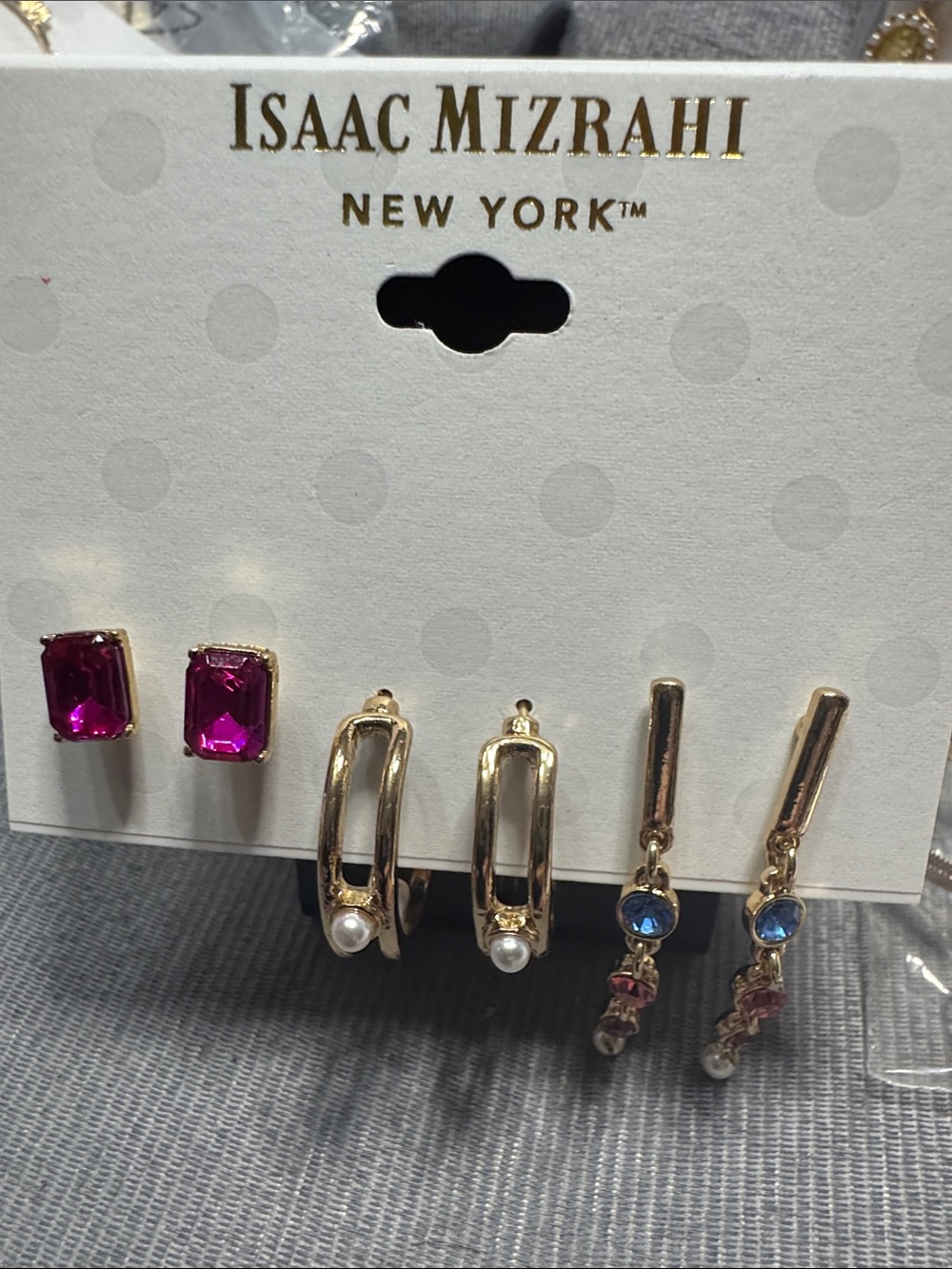 Isaac Mizrahi Gold Tone Earring Set with Pink and Blue Stones